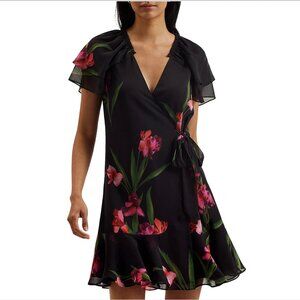 TED BAKER Fasnia Floral Mini Wrap Dress, Black/Pink, Ted Size 2, NWT